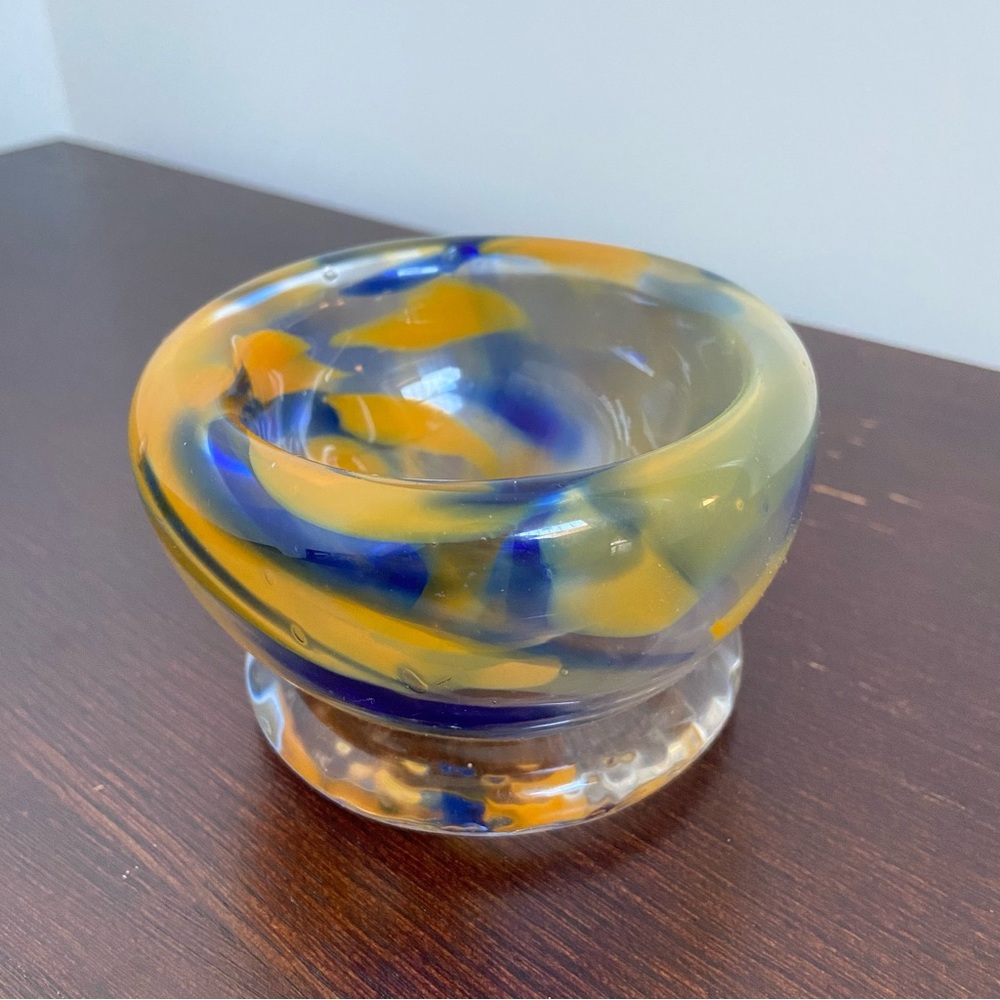 Handblown Art Glass Bowl – Blue & Amber Swirl Decorative Dish